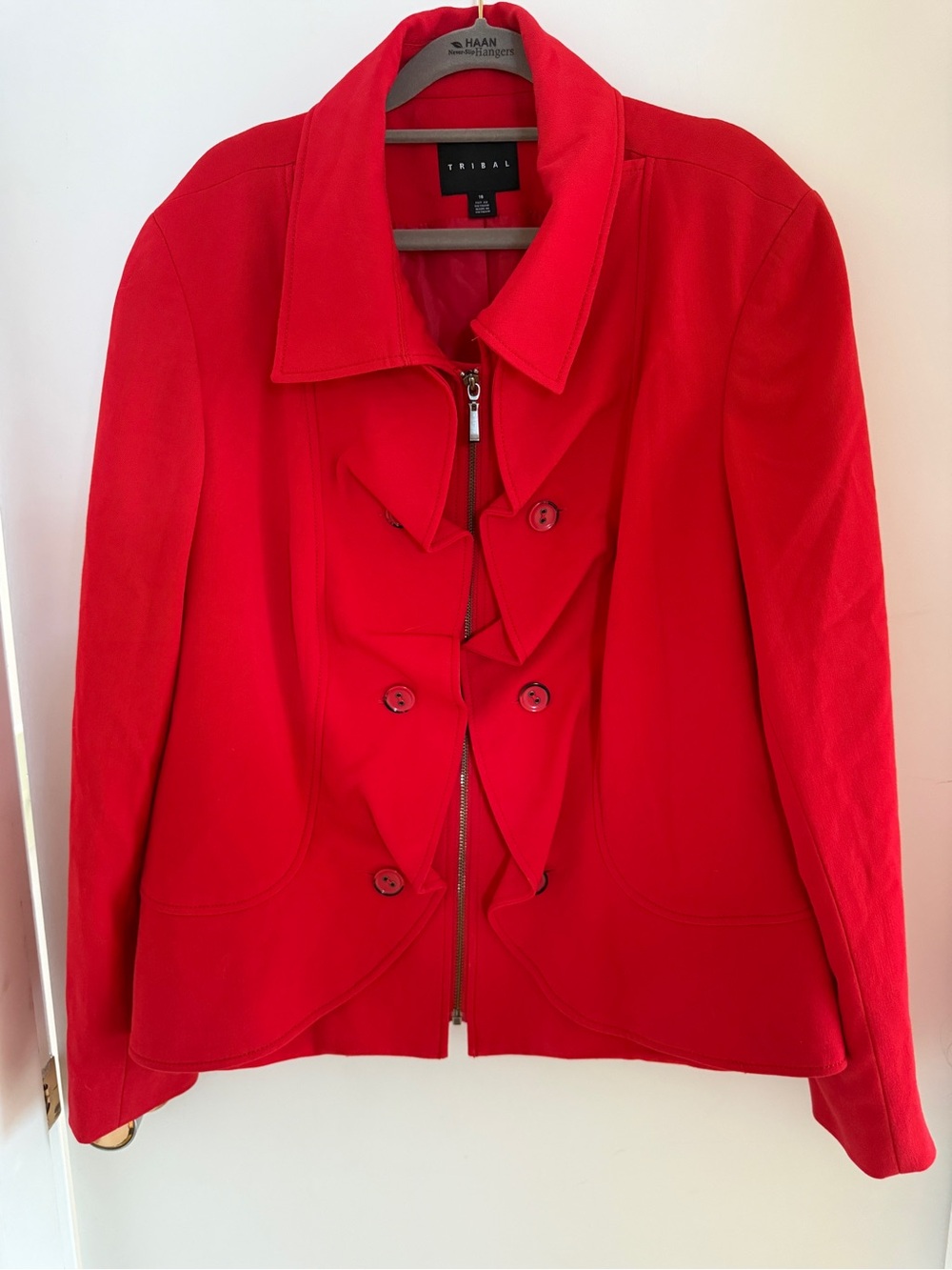 Tribal Red Ruffle Zip Jacket Size 16 Statement Blazer Career Occasion